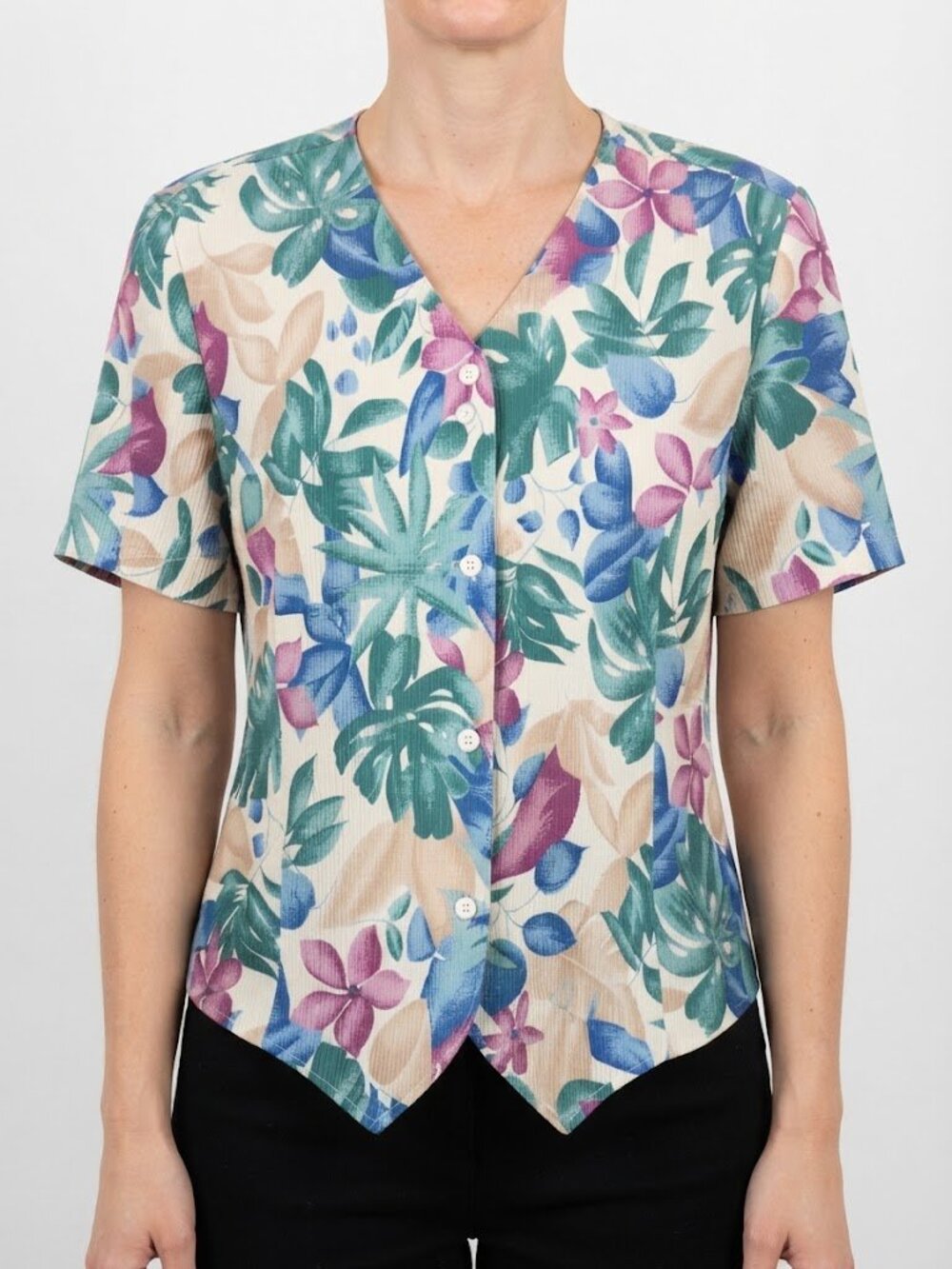 Vintage Floral Short Sleeve Button-Up Top